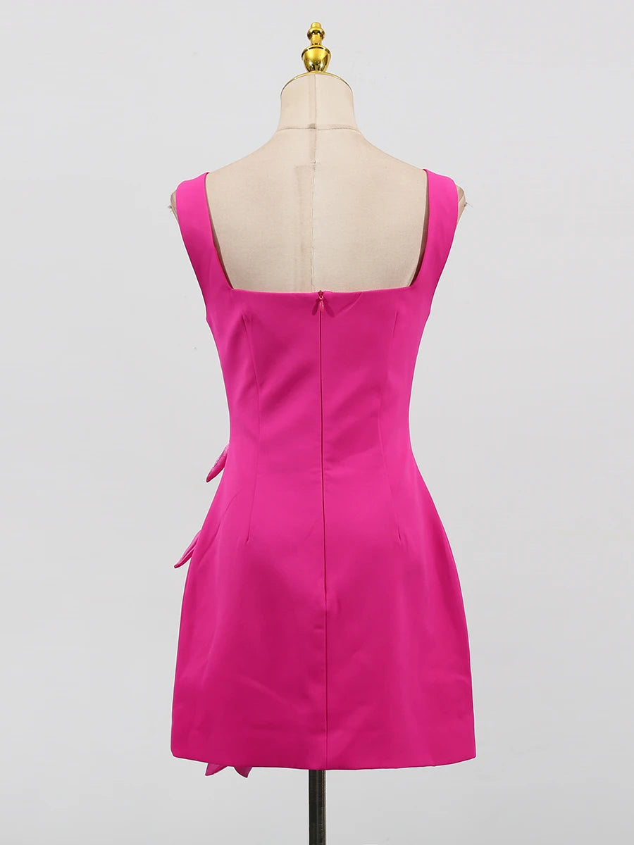 Rose Slimming Spliced 3D Flower Mini Elegant Dresses for Women Square Neck Sleeveless Dress Female Fashion Clothing