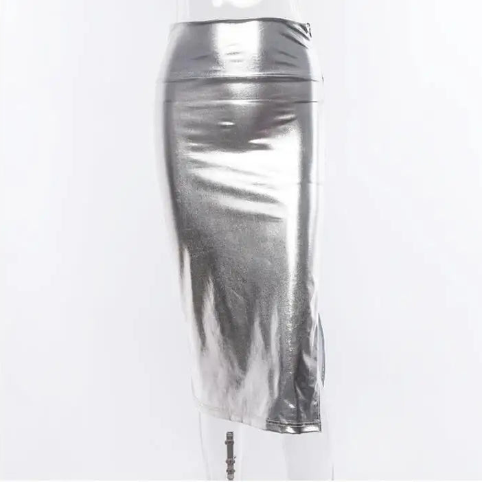 Sexy bodycon split silver skirt Women high waist skirt winter Female Elegant Fashion party bottom long skirts