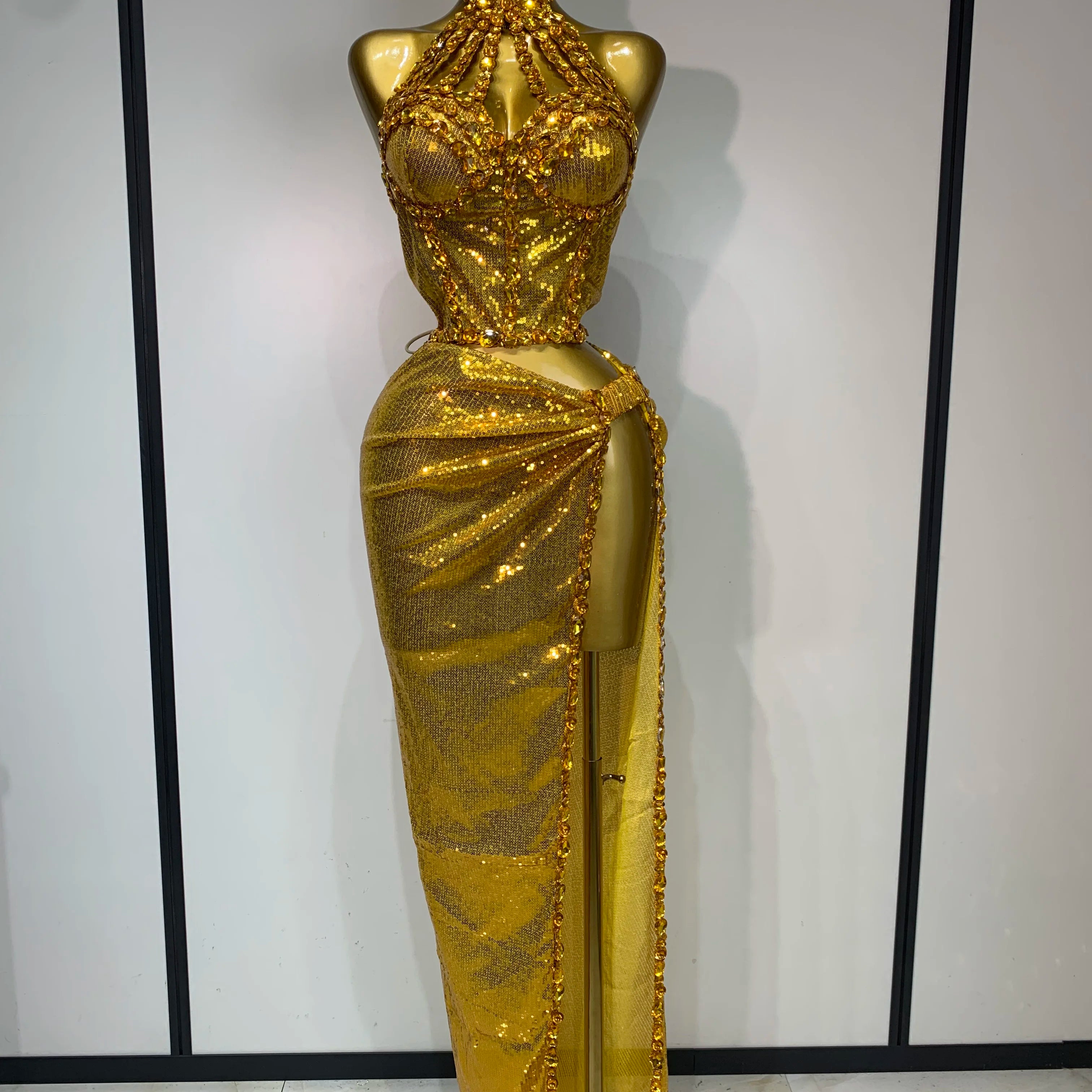 Women Sparkly Gold Rhinestones Top Long Skirt Two Pieces Set Singer Dancer Performance Costume Nightclub Luxury Birthday Dress Gold