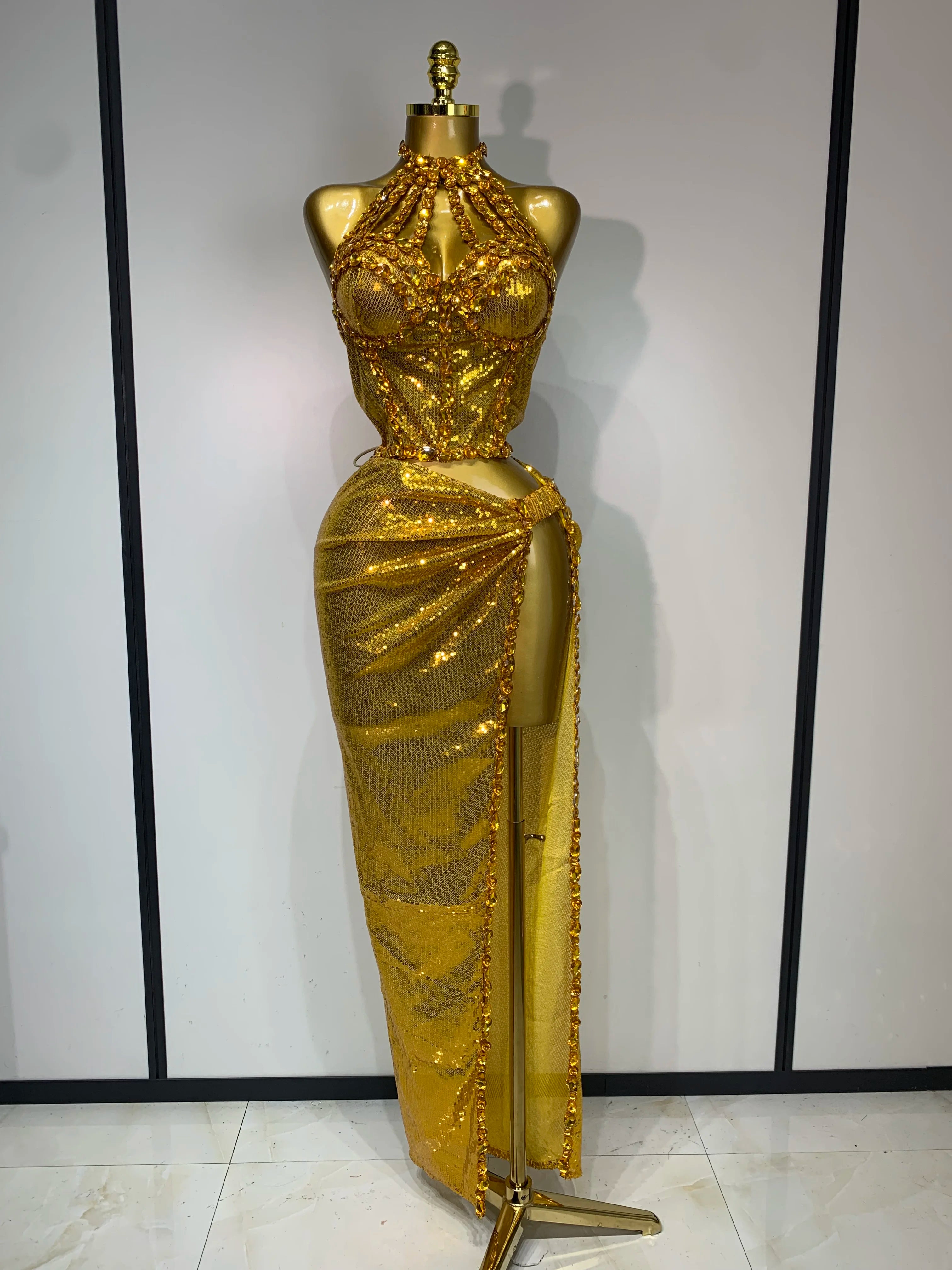 Women Sparkly Gold Rhinestones Top Long Skirt Two Pieces Set Singer Dancer Performance Costume Nightclub Luxury Birthday Dress Gold