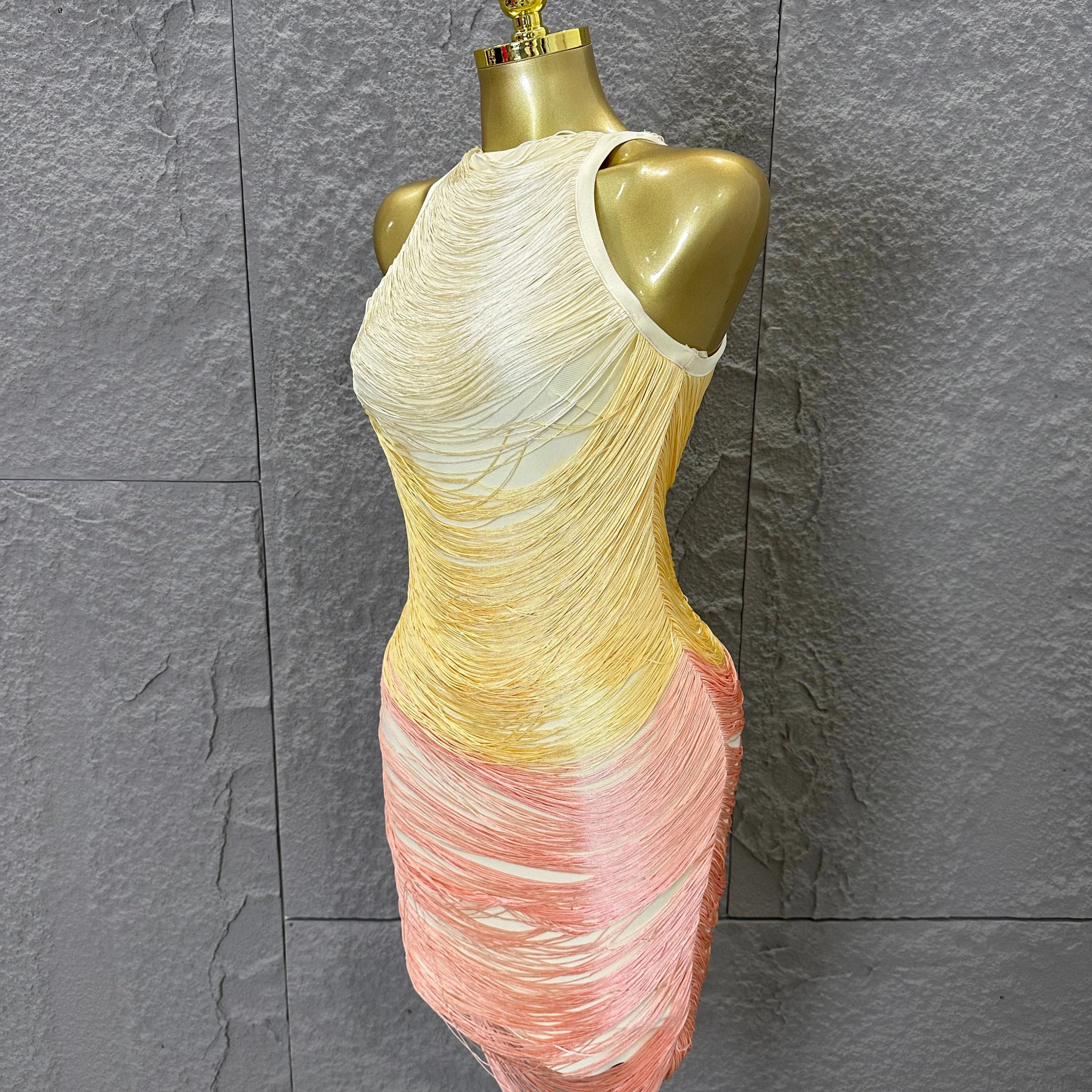 Refined Elegant Halter Neck Mini Dress Women Sexy Gradient Fringe Nightclub Evening Party Outfit Gala Cocktail Party Costume