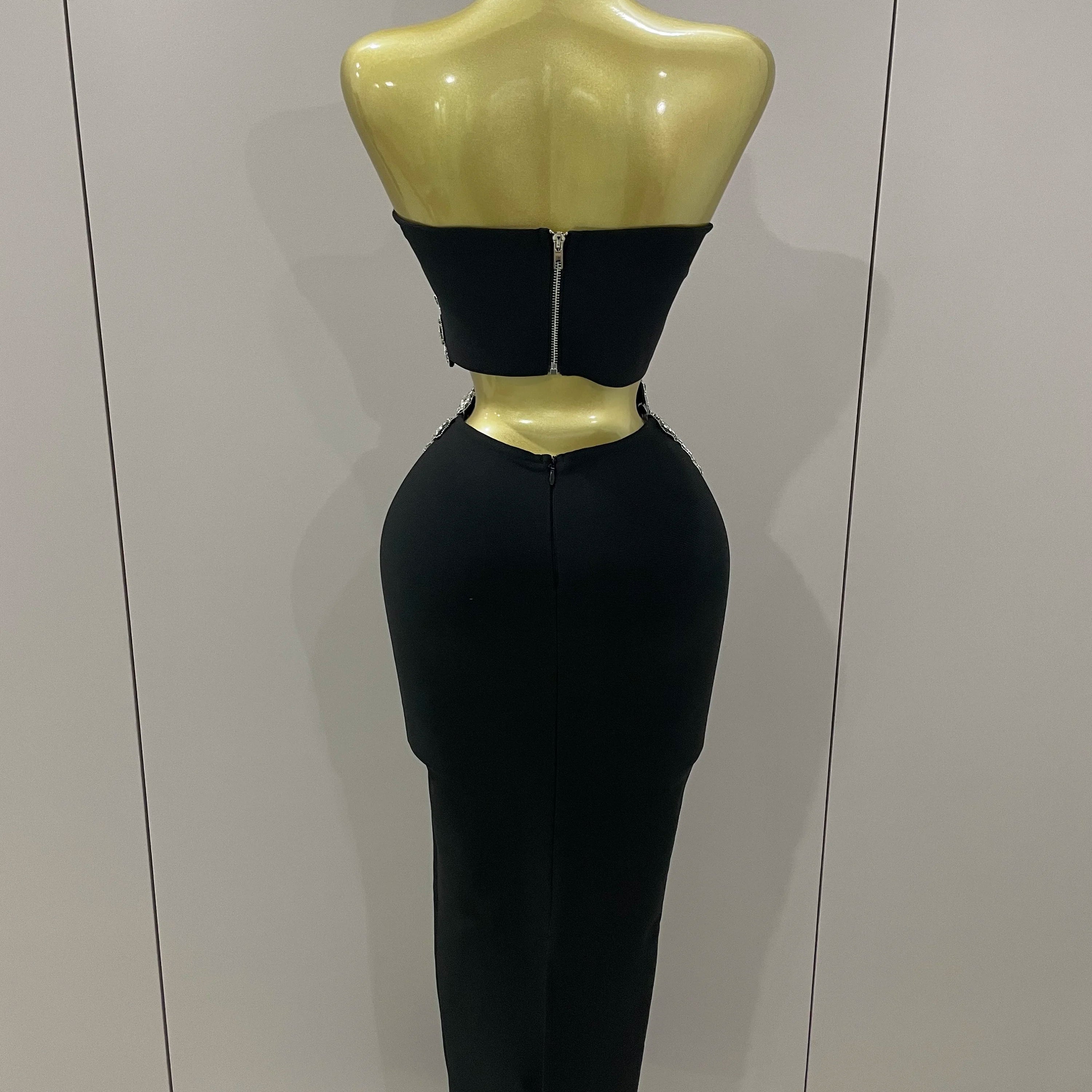 Sexy Strapless Flower Diamonds Black Maxi Long Bandage Two Piece Set 2025 Women Knitted Elegant Evening Club Party Prom Gowns