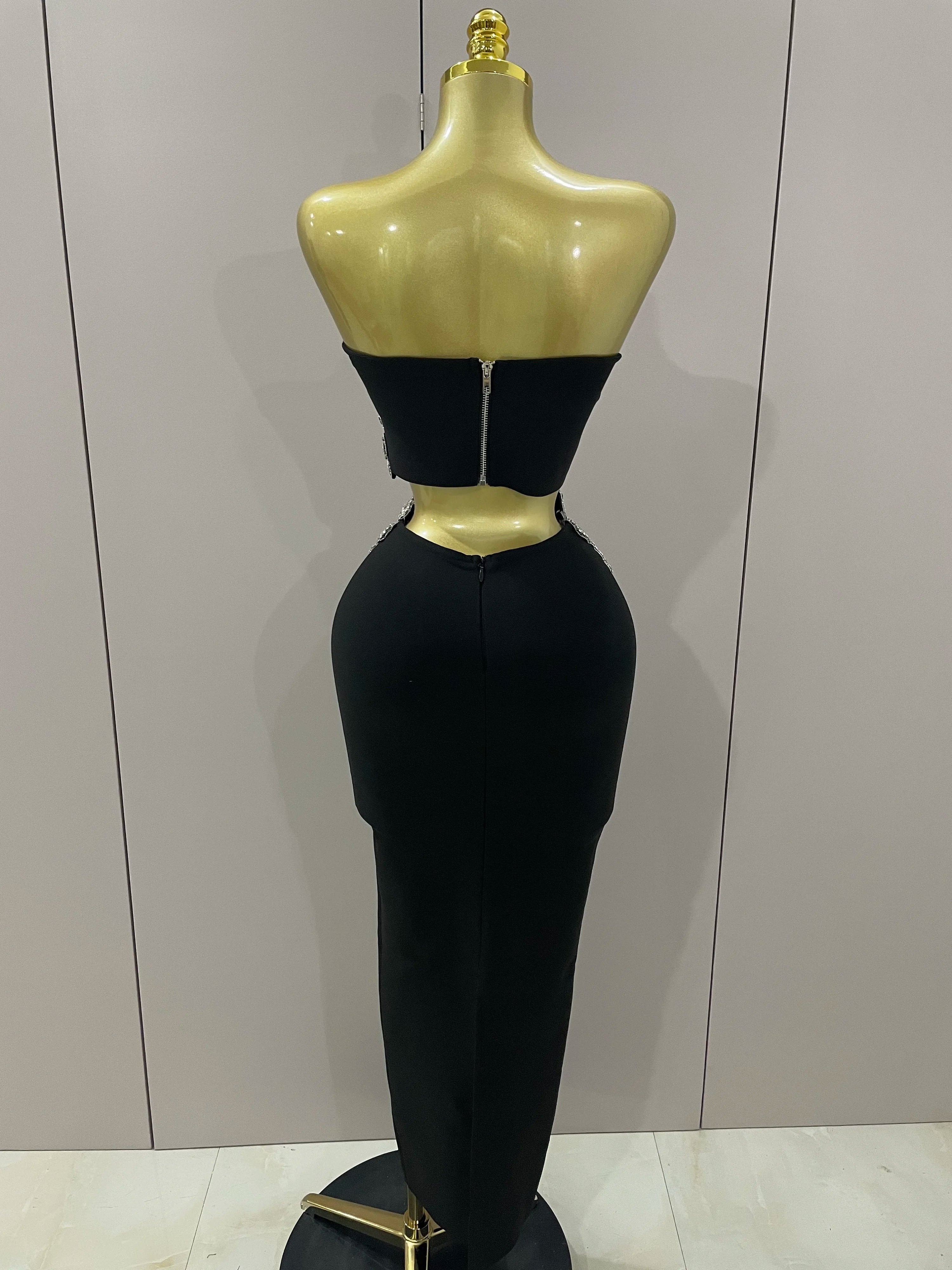 Sexy Strapless Flower Diamonds Black Maxi Long Bandage Two Piece Set 2025 Women Knitted Elegant Evening Club Party Prom Gowns