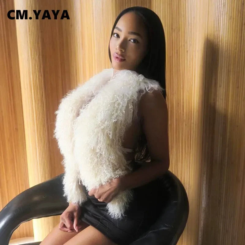 Women V-neck Sleeveless Tassel Tops Vests Coats 2025 Winter Fur Collar Halter Backless Keep Warm Wool Jackets Outcoat