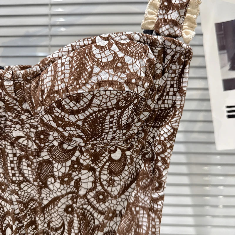 Winter New Fashion Floral Pattern Lace Shoulder Strap Fishbone Chest Pad Camisole For Women Outwear Tank Top 11A07941