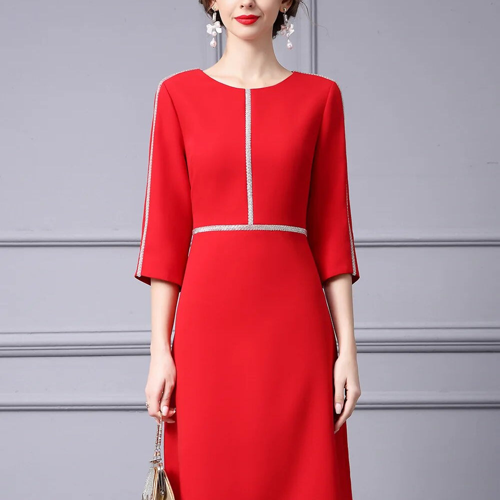 ZJYT Autumn Fashion Beading Party Formal Occasion Dresses for Women 2024 Elegant Christmas Red Midi Vestidos Fiesta Aline Robe