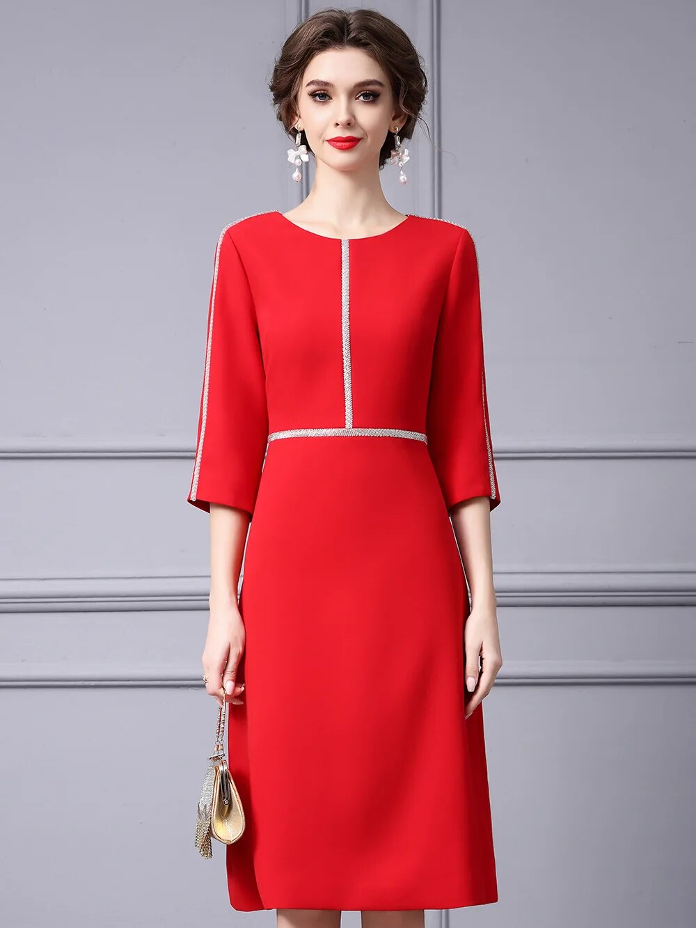ZJYT Autumn Fashion Beading Party Formal Occasion Dresses for Women 2024 Elegant Christmas Red Midi Vestidos Fiesta Aline Robe