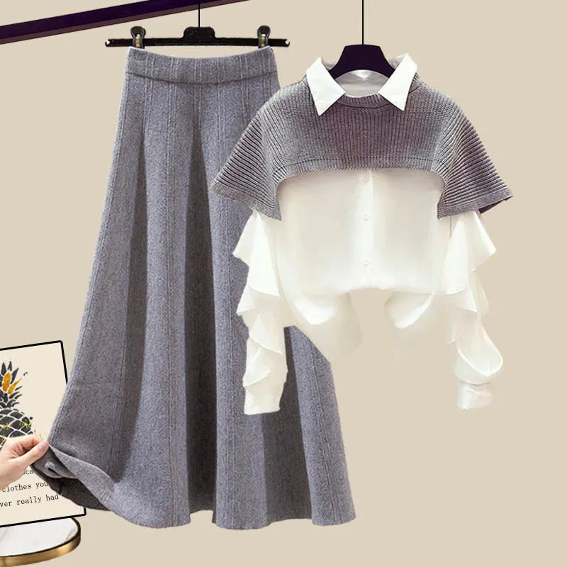 Spring and Autumn Suits Women's Fashion Waist Closing Slim Shawl Shirt Skirt Three Piece Set 3 Gray Set
