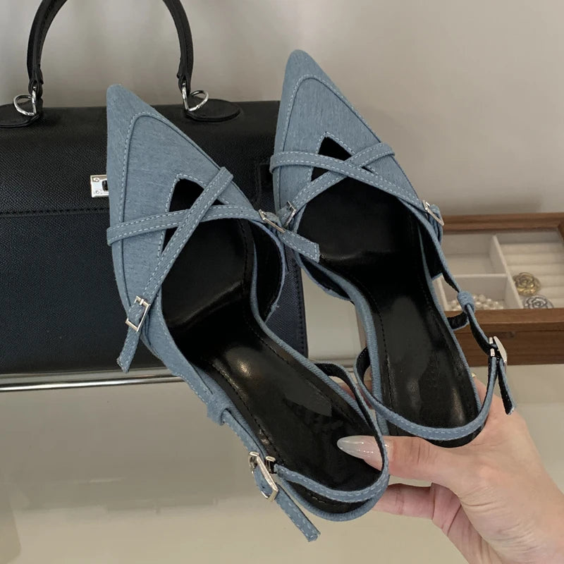 Eilyken Street Style Sexy Buckle Strap Women Pumps Elegant Pointed Toe Thin High Heels Banquet Party Slingback Shoes Blue