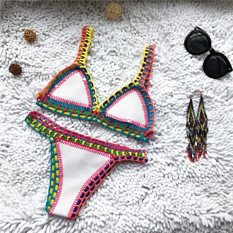 Knitted Bikini 2-piece Swimsuit for Women,summer Beach Vacation Bathing Suit,sexy Triangle Cup V-neck Suspender Swimwear WHITE