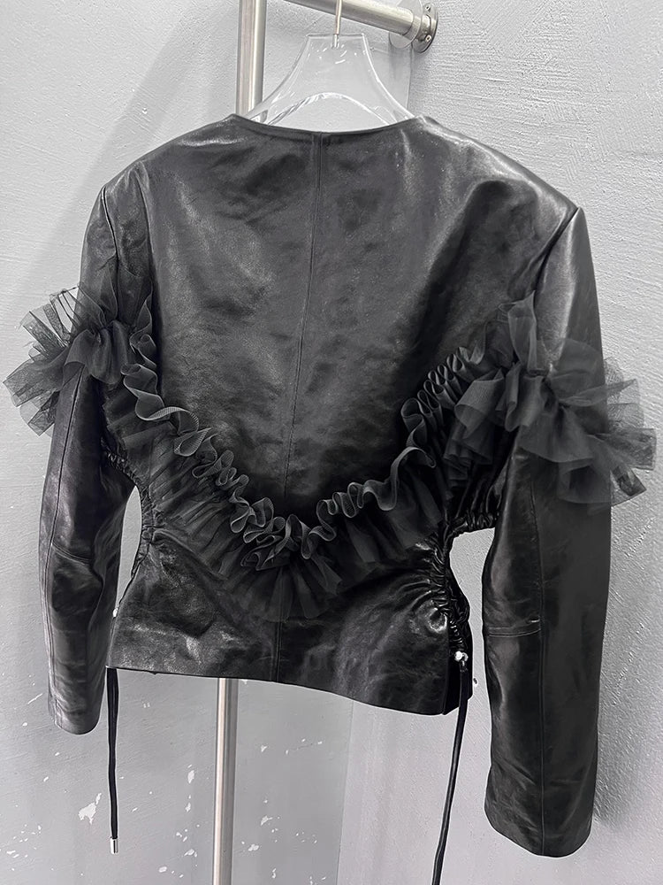 Lautaro Spring Short Black Lace Patchwork Leather Jacket Women Deep V Neck Hollowed Out at the Waist Luxury Designer Emo Clothes