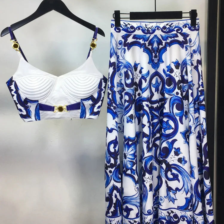 Summer Holiday Blue And White Porcelain Two Piece Set Women's Spaghetti Strap Padded Cup Zipper Print Short Top+Long Skirt Suits Blue