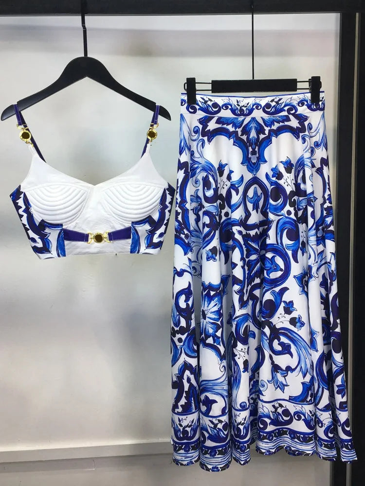 Summer Holiday Blue And White Porcelain Two Piece Set Women's Spaghetti Strap Padded Cup Zipper Print Short Top+Long Skirt Suits Blue
