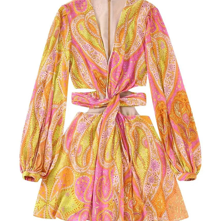 Willshela Women Fashion Printed Hollow Out Back Zipper Mini Dress Vintage V-Neck Long Sleeves Female Chic Lady Dresses Print