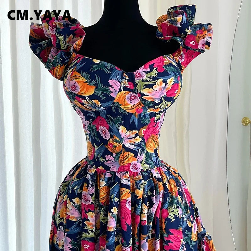 Women Ruffles Strapless Floral Print Long Irregular Dress Holiday Sweet Birthday Evening Sexy Party Dresses Vestidos