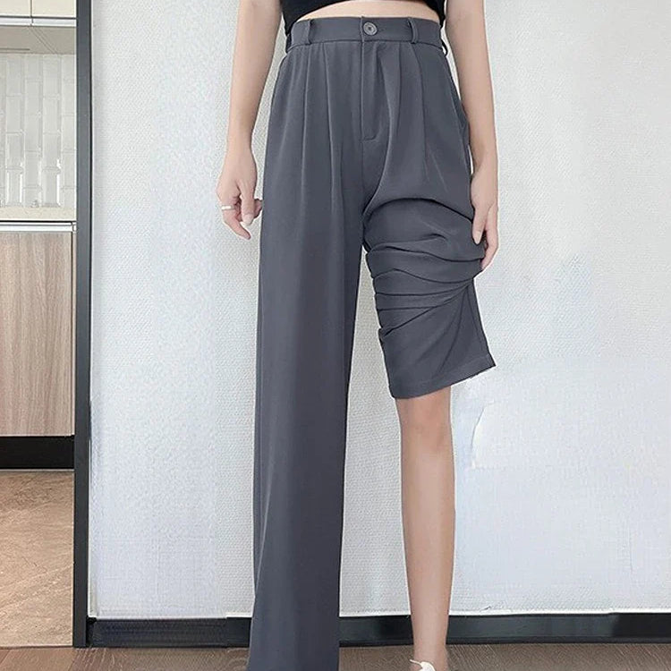Summer Ice Silk Wide Trousers for Women Loose White Thin Straight Pants Elegant Office Women Baggy Stacked Pants Sweatpants Gray