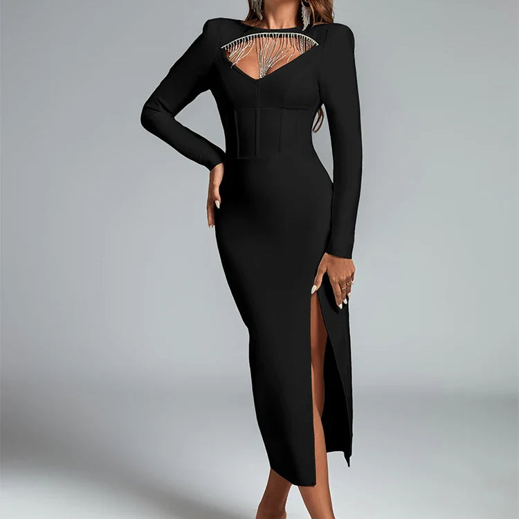 Crystal Long Bandage Dress Women Maxi Evening Party Dress Bodycon Elegant Sexy White Long Sleeve Christmas Birthday Outfit 2023 black