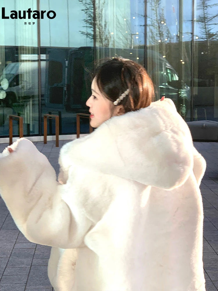 Lautaro Autumn Winter Thickened Warm White Reversible Faux Fur Coat Women with Fake Fur Inside Loose Luxury Cute Fluffy Jacket
