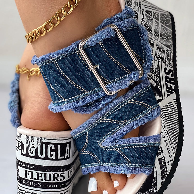 Women Shoes Casual Fashion Vacation Daily Wear Summer Newspaper Buckled Denim Wedge Slippers Sandals