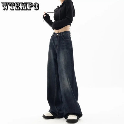WTEMPO Vintage Women Wide Leg Jeans Harajuku Baggy Denim Trousers Oversized Grunge Streetwear Y2k Autumn Pants Korean Fashion