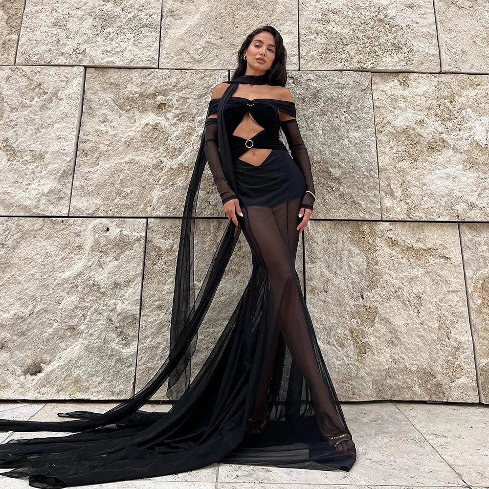 New Fashion Black Color Women Strapless Sexy Mesh Wid Leg Pants Long Jumpsuit Elegant Evening Party Celebrate Photo Shoot Wear