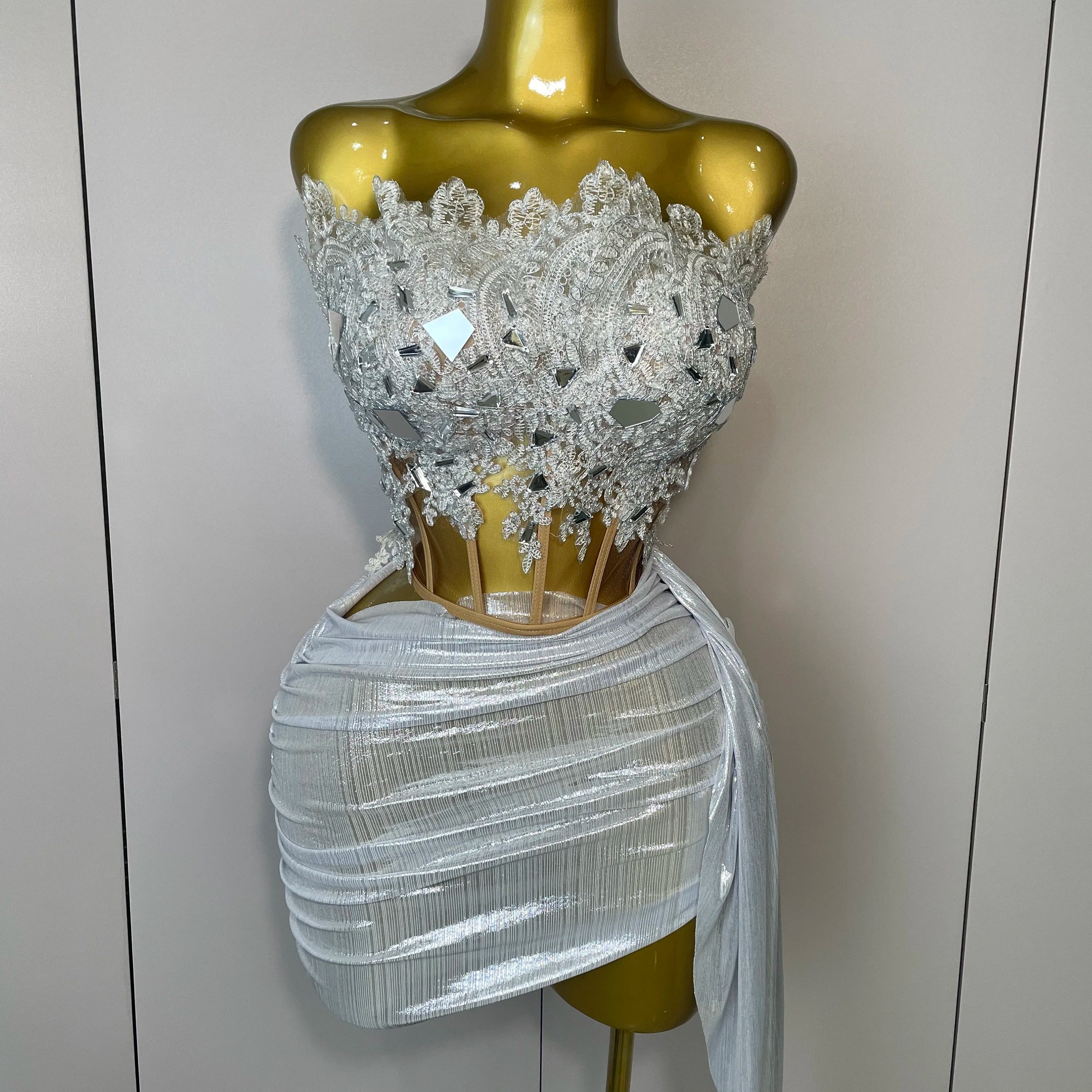 Sparkly Silver Sequins Sexy Strapless Short Dress 2Pcs Set Newest 2025 Women Party Birthday Nightclub Singer Dancer Stage Wear Silver