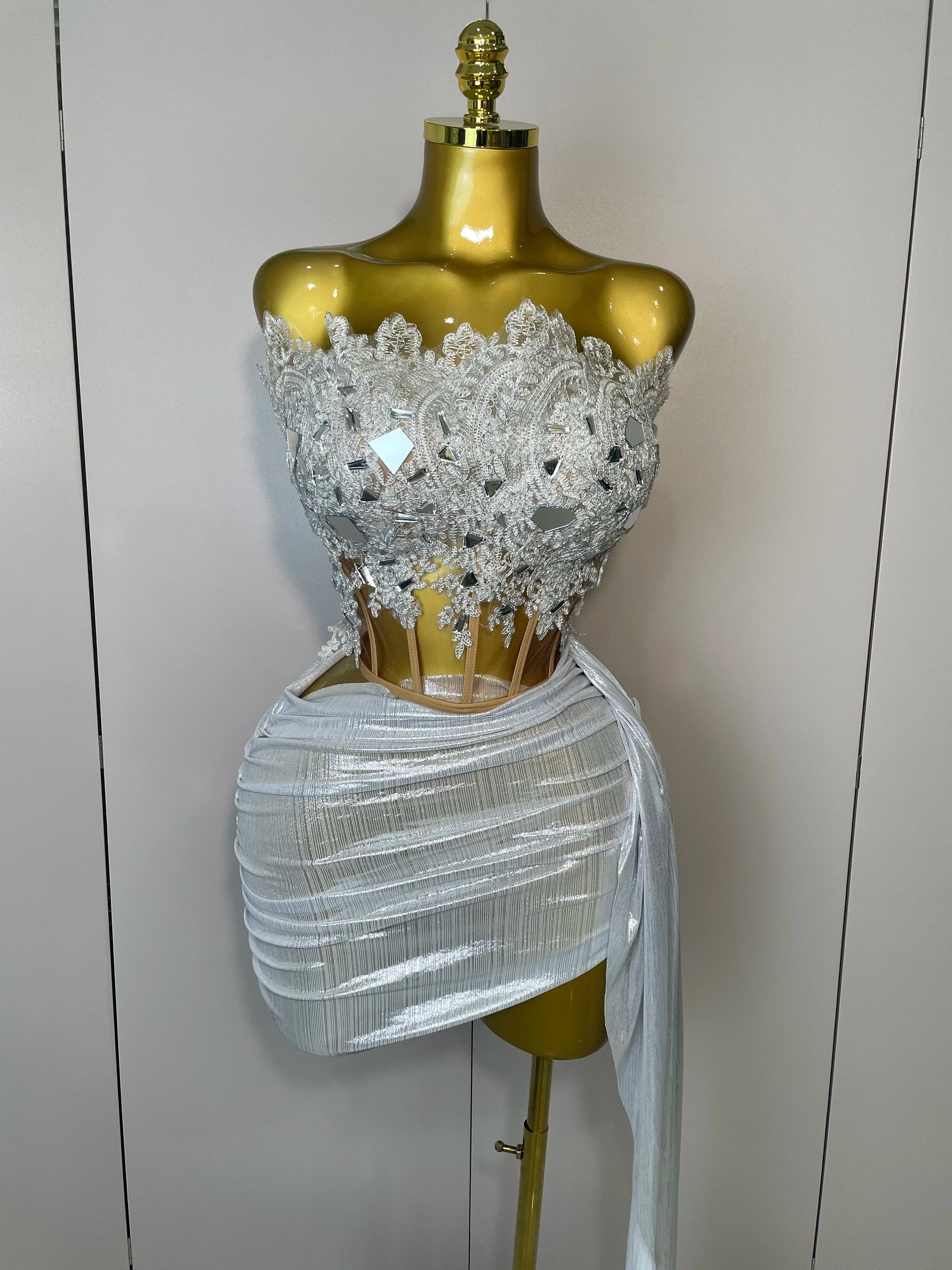 Sparkly Silver Sequins Sexy Strapless Short Dress 2Pcs Set Newest 2025 Women Party Birthday Nightclub Singer Dancer Stage Wear Silver