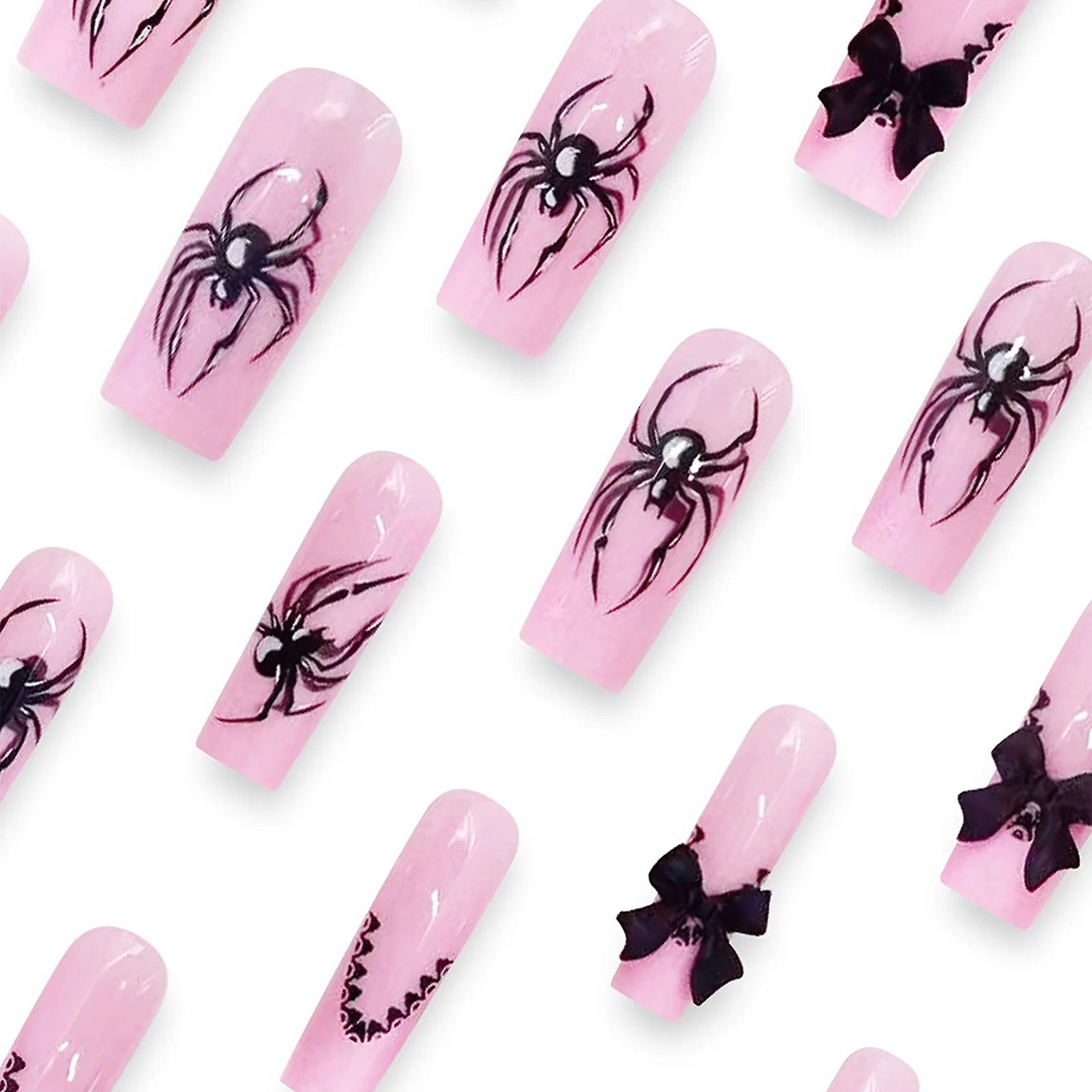24pcs Halloween Gothic Fake Nail with Black Spider Bow Design False Nails European Long Coffin French Press on Nails Wearable