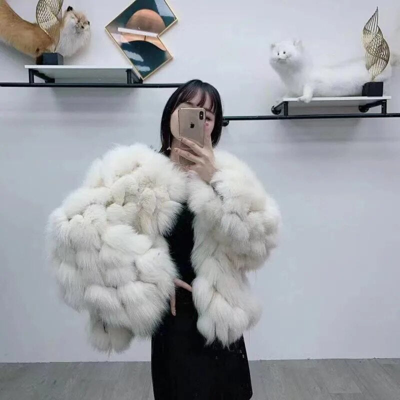 Women Winter Warm Luxury Fashion Full Sleeves V Neck Short Fur Jacket Real Fox Fur Coat Female Pluffy Outwear 9 One Size