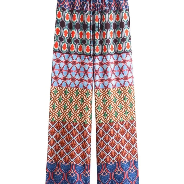 Aonibeier Printed Women Slim Shirt Wide Pants Suits Traf Summer Flare Sleeve Knot Front V Neck Crop Top Female Sets Y2K Outfits