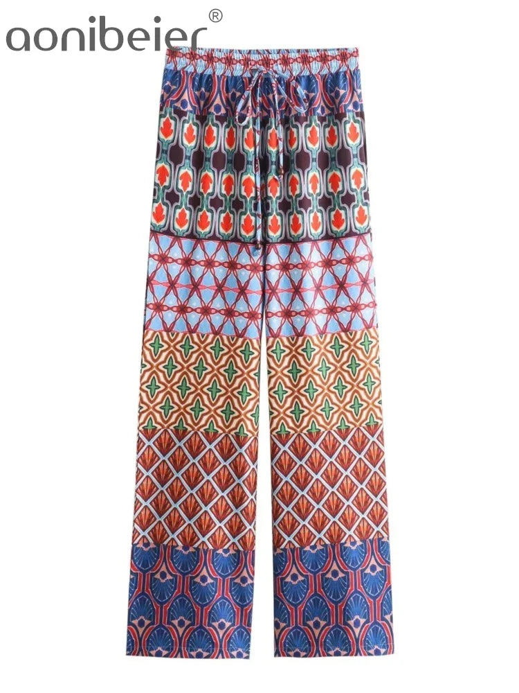 Aonibeier Printed Women Slim Shirt Wide Pants Suits Traf Summer Flare Sleeve Knot Front V Neck Crop Top Female Sets Y2K Outfits