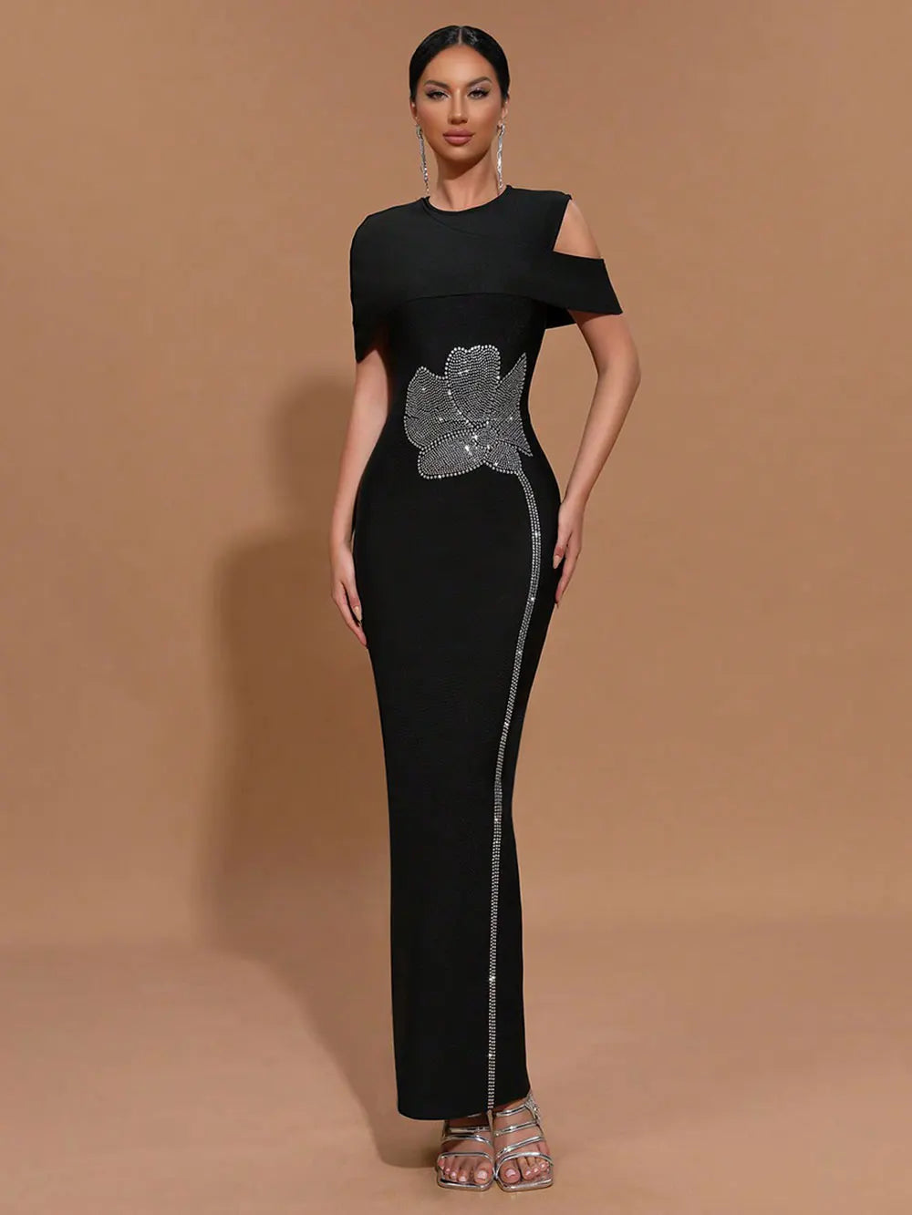 2025 Elegant Women Light Luxury Hot Diamond Flower Design Bandage Dress O-Neck Shoulder Bodycon Long Dress Evening Party Vestido black