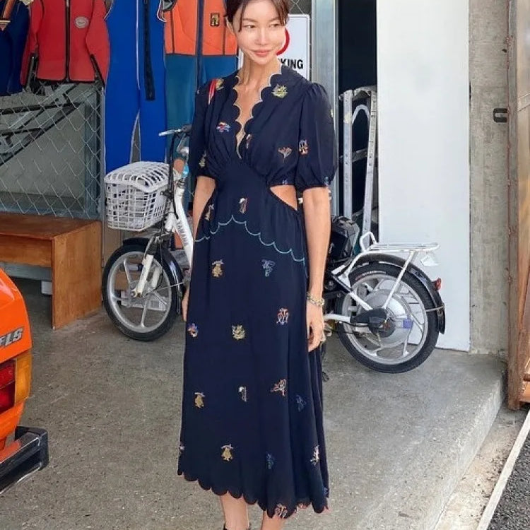Women's Summer Vintage Long Embroidery Flower Chiffon Dress Hollow Out Waist Curvy V Neck Midi Sundress Korea Style