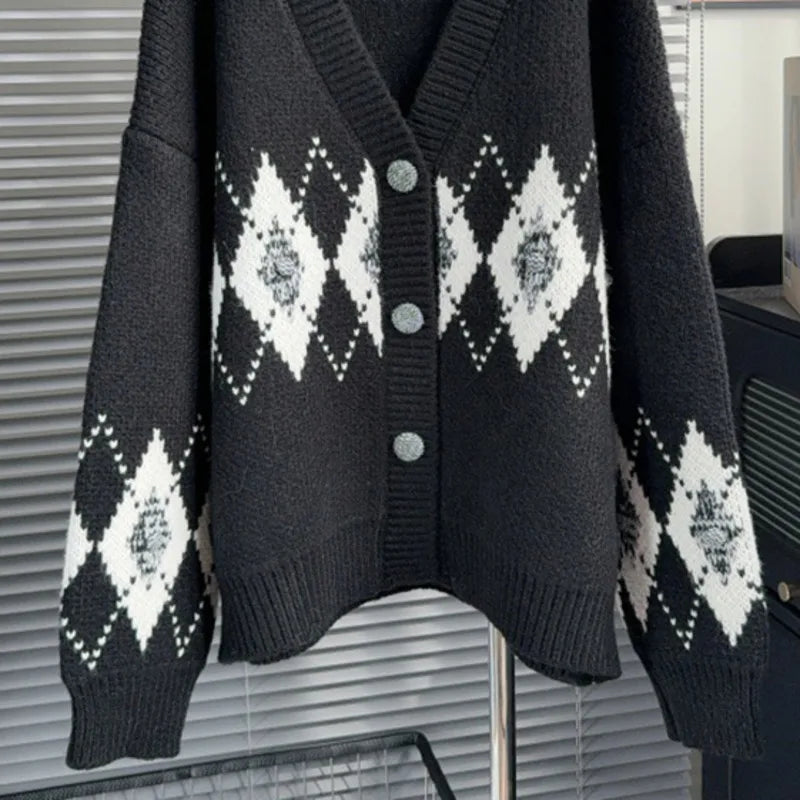 Winter Fashion Contrast Color Jacquard V-Neck Knitted Cardigan For Women Loose Lazy Style Soft Sweater Coat 11A07544