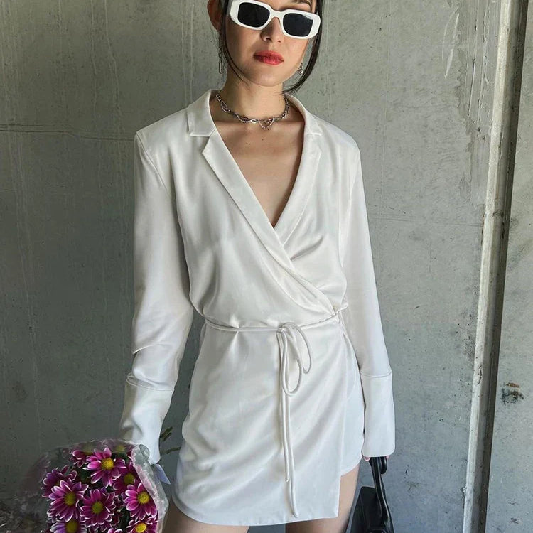 Julissa Mo Black Satin V-Neck Shirt Dress Women Spring Flare Sleeve Lace Up Mini Dresses Elegant Ladies Party Vestidos