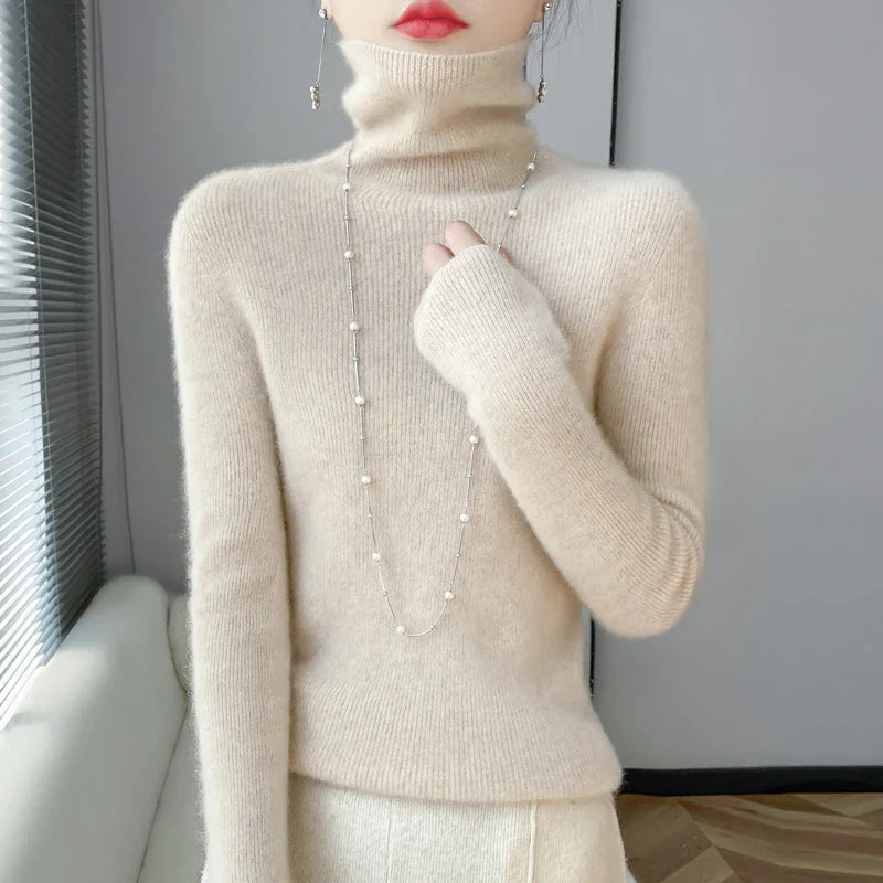 Autumn Winter Cashmere sweater Women Solid Turtleneck Cashmere Sweater Casual Cashmere Sweater Women Beige