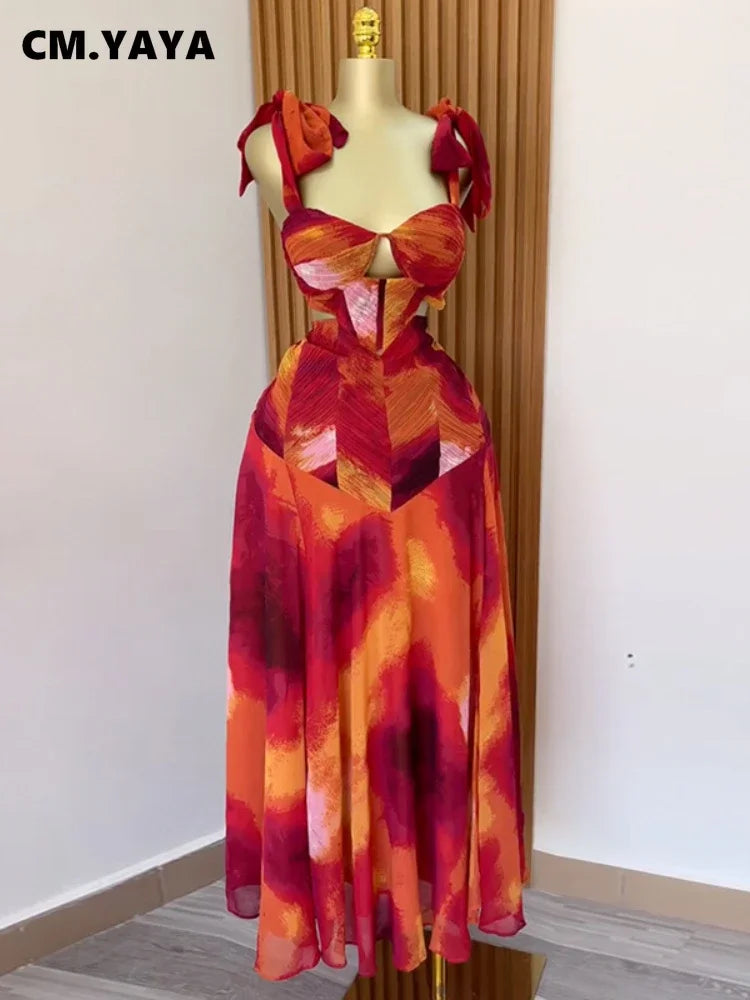 Fashion Printed Women Long Dresses Beach Holiday Street Bowknot Crop High Waist Big Swing Fake 2 Piece Party Dress 2025