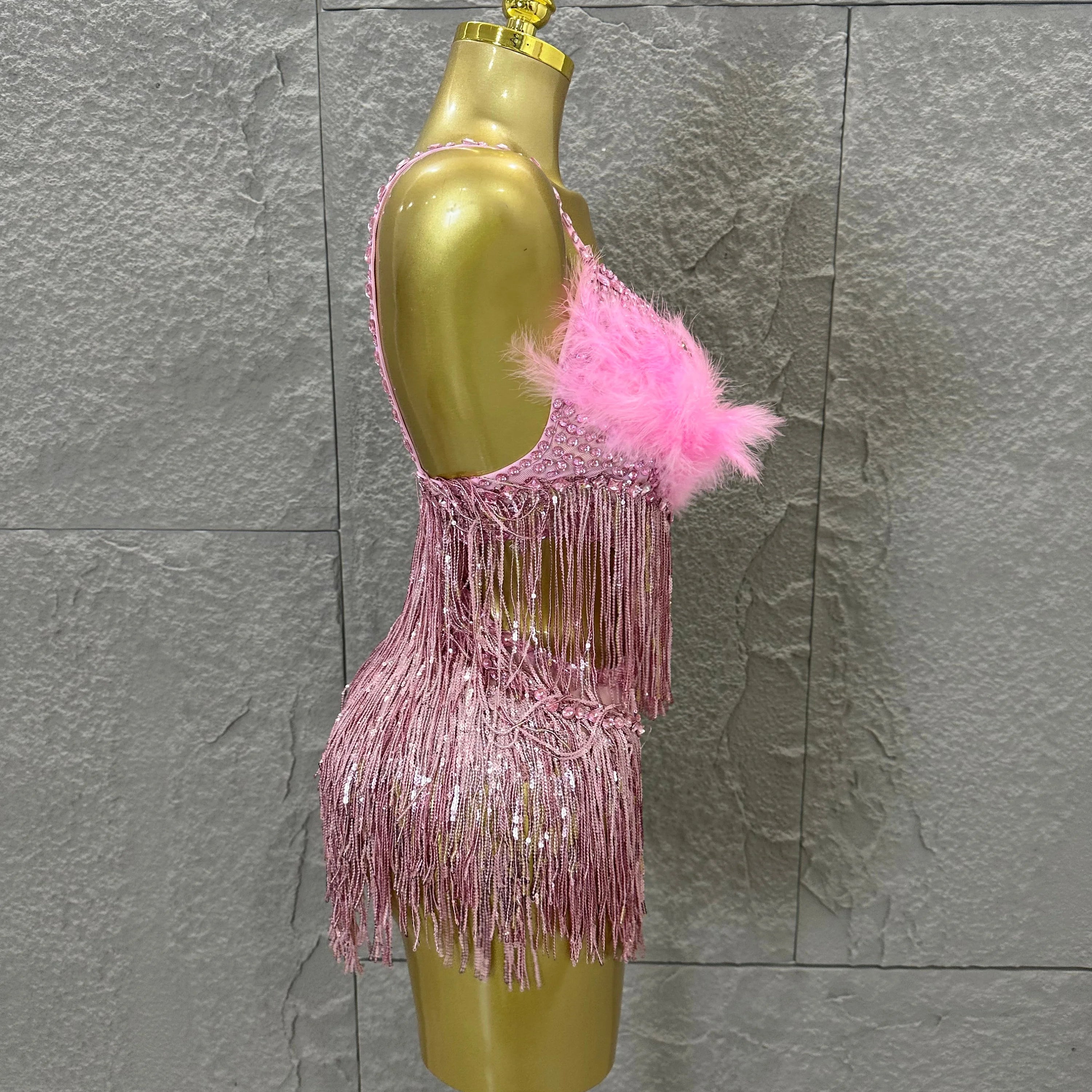 Opulent Pink Sparkly Rhinestone Feather Train Bodysuit Sexy Stage Performance Costume Singer Birthday Party Nightclub Outfit