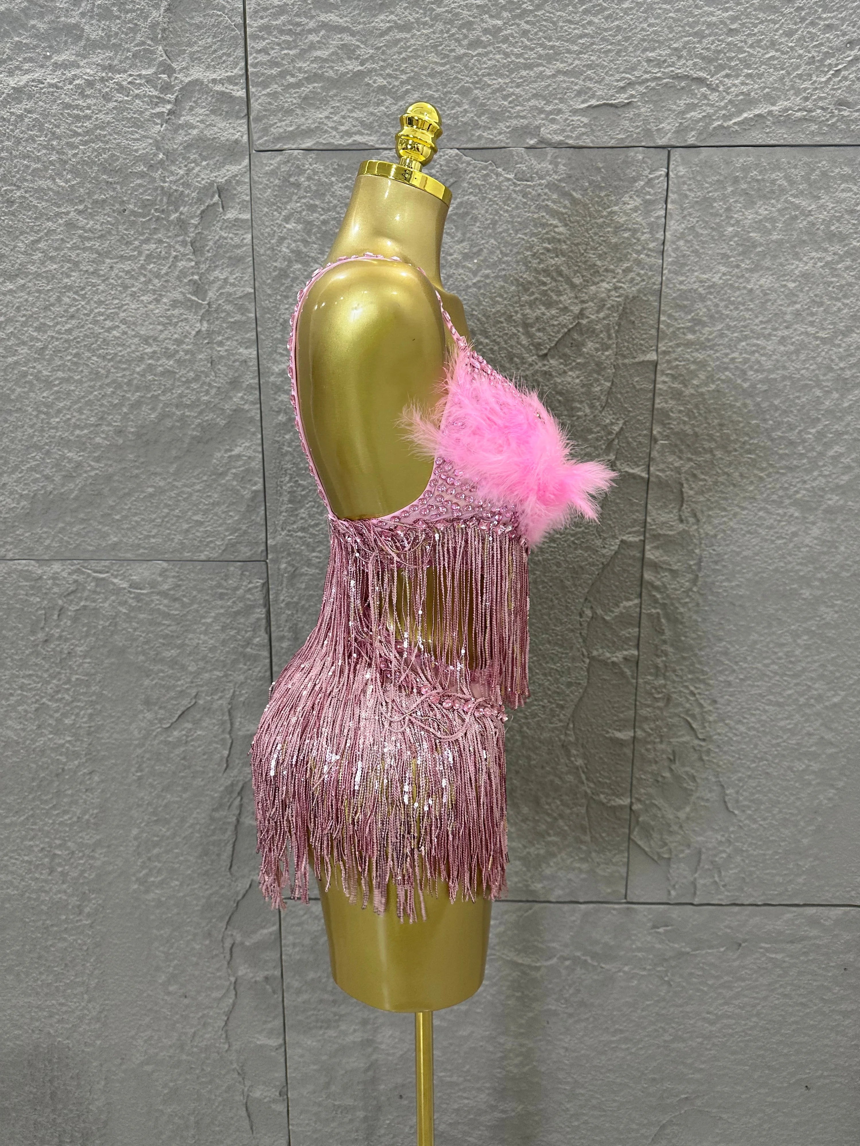Opulent Pink Sparkly Rhinestone Feather Train Bodysuit Sexy Stage Performance Costume Singer Birthday Party Nightclub Outfit