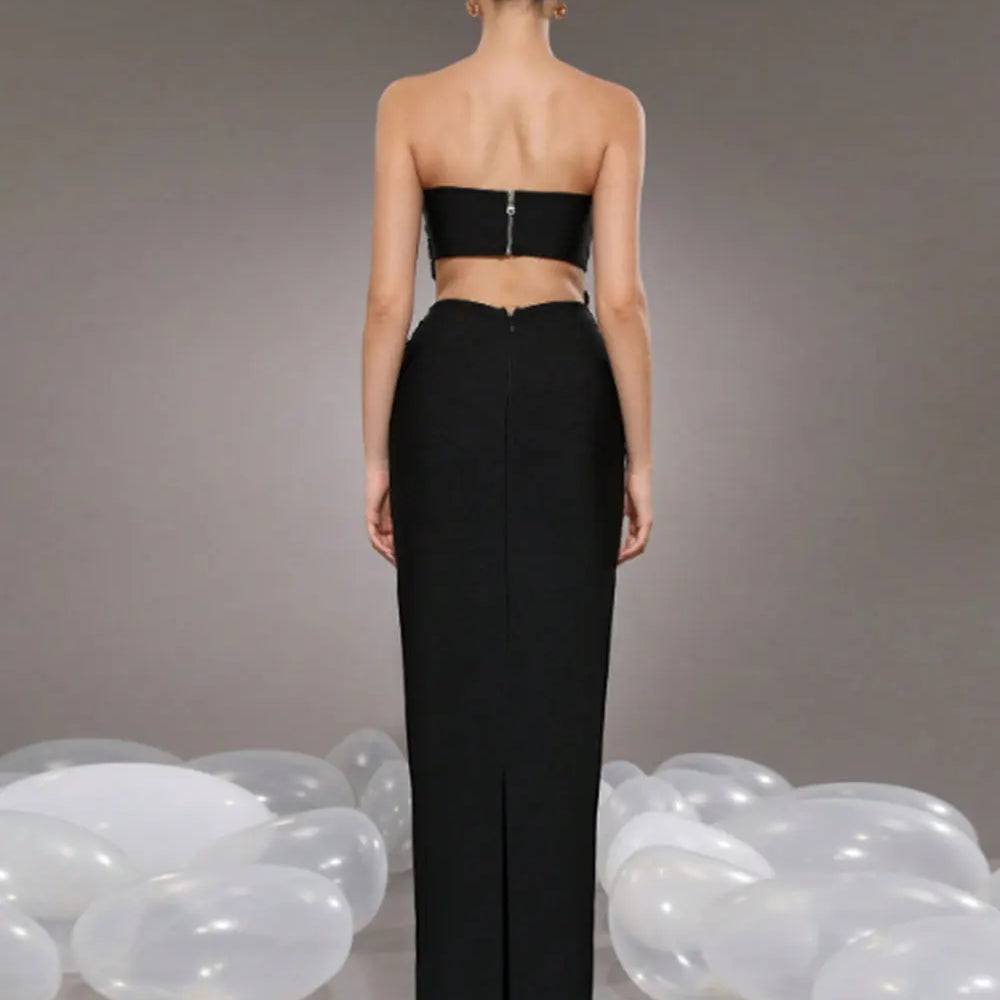 2025 Sexy Women Nail Diamond Flower Design Bandage Long Dress Set Strapless Sleeveless Diamond Set Tank Top+Skirt Two Piece Set