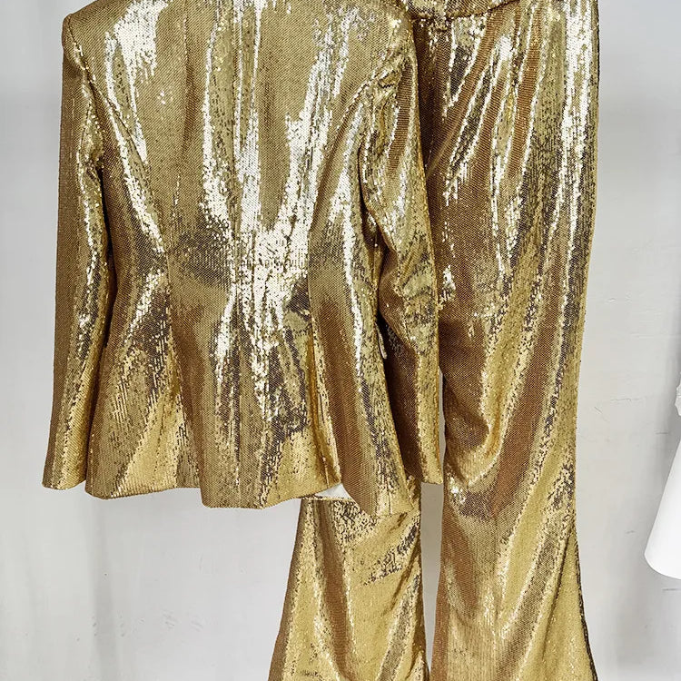 2025 New Autumn Golden Sequins Women Long Sleeve Deep V-Neck Slim 2 Pieces Women's Set Elegant Evening Party Cocktail Wear