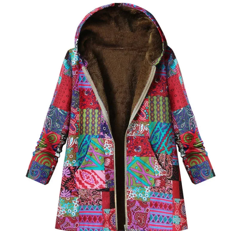 Thickened Zipper Hooded Coat Coat Coat Autumn and Winter New Cotton and Hemp Coat Women's Vintage Warm Printing Pocket red