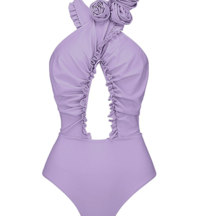 Sexy Brazilian Solid Halter Monokini - Swimsuit Floral Hollow Out Swimwear Women One Piece High Cut Push Up Bathing Suits