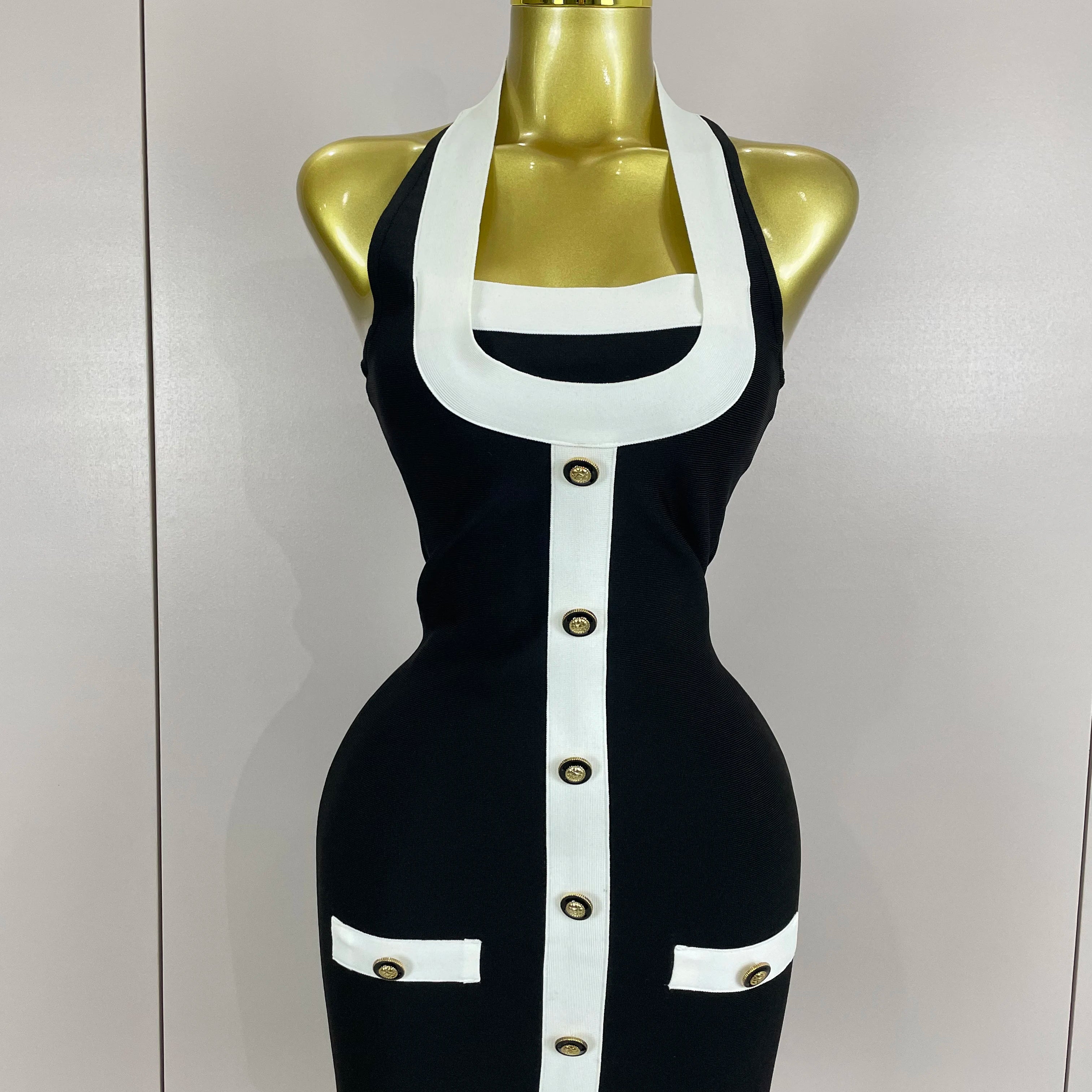 Sexy Backless Halter Button Bodycon Black Mini Bandage Dress 2025 Women Celebrity Elegant Evening Club Party Outfit black