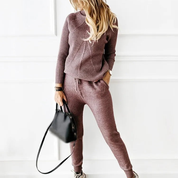 TYHRU Autumn Winter Women's tracksuit Solid Color Striped Turtleneck Sweater and Elastic Trousers Suits Knitted Two Piece Set