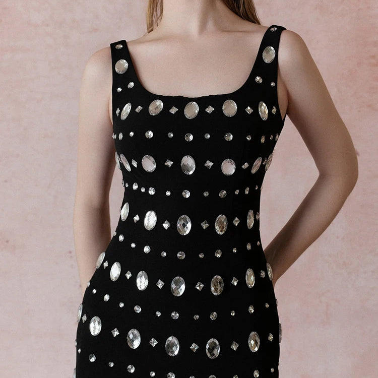 Women'S Black Sexy Sleeveless Square Neck Luxurious Crystal Bandage Maxi Long Dress Elegant Party Cocktail Evening Dress