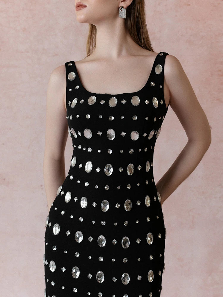 Women'S Black Sexy Sleeveless Square Neck Luxurious Crystal Bandage Maxi Long Dress Elegant Party Cocktail Evening Dress