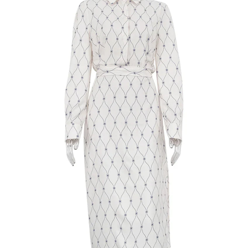 Clacive Fashion Loose Print Women'S Dress Casual Lapel Long Sleeve Midi Dresses Elegant Classic Lace-Up Slit Female Dress