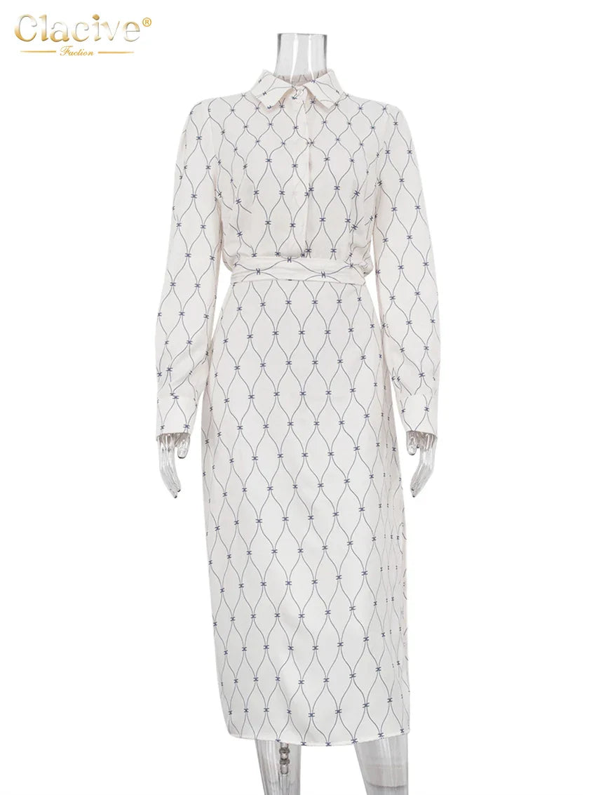 Clacive Fashion Loose Print Women'S Dress Casual Lapel Long Sleeve Midi Dresses Elegant Classic Lace-Up Slit Female Dress