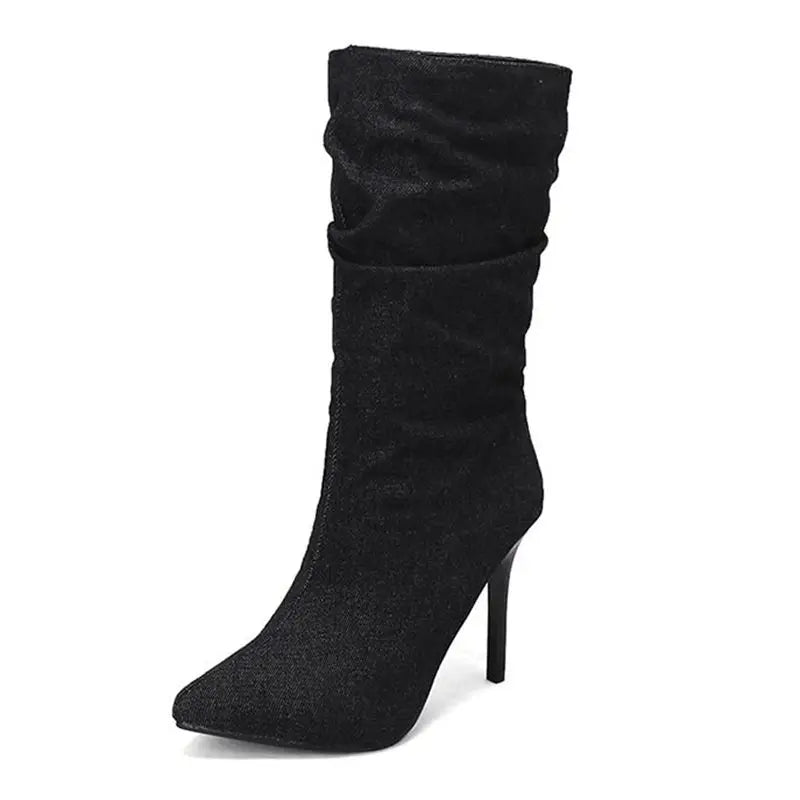 SIMLOVEYO Brand Women Mid Calf Boots Pointed Toe Stiletto 10CM Slip On Sexy Dating Female Booty 44 45 46 47 48 black